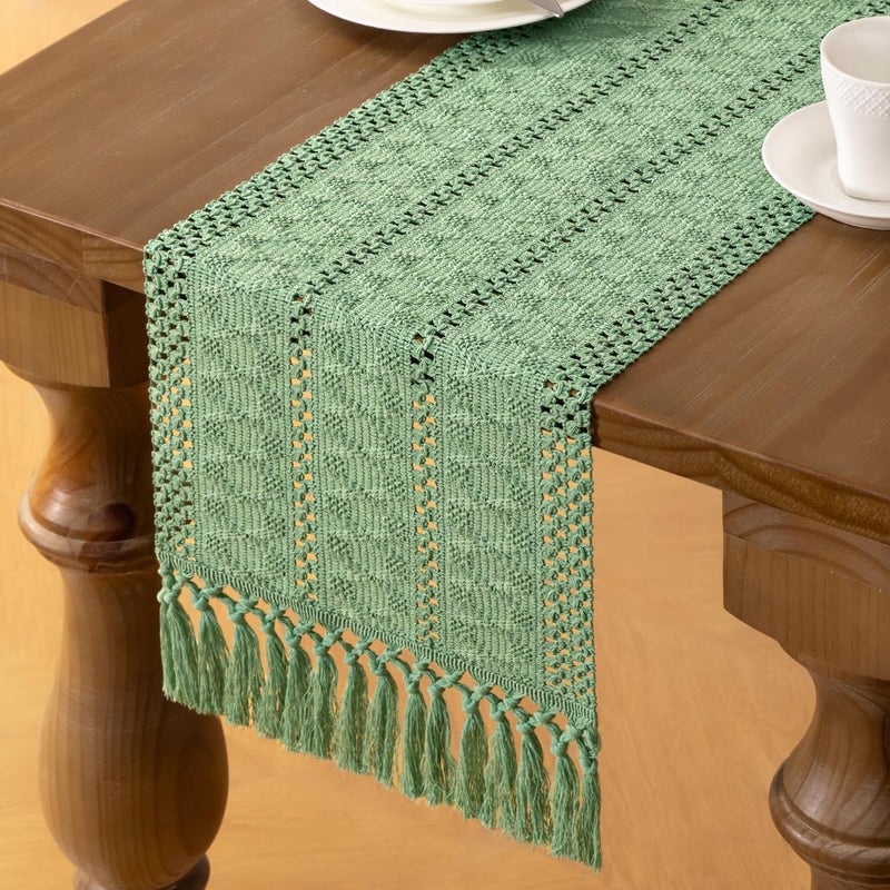 MLMW Boho Sage Green Table Runner 36 inches Short Coffee Table Runner Rustic Macrame Woven Table Runner Small Dresser Runners for Bedroom Living Room Home Decor - Image 3