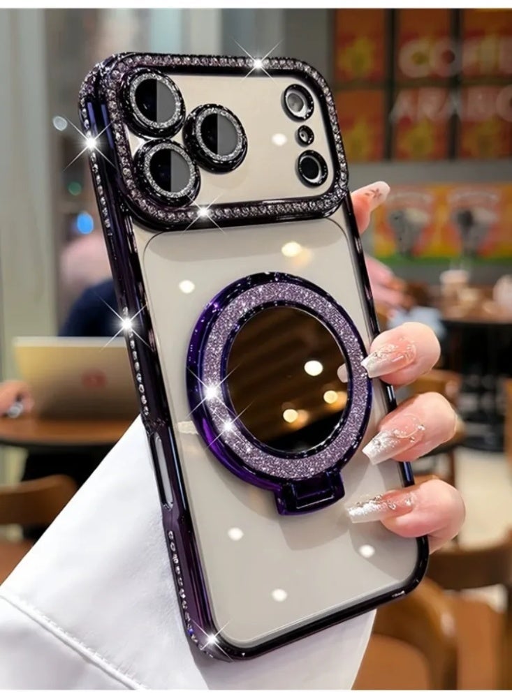 Crystal Rhinestone MagSafe iPhone Case with Glitter, Mirror Ring Stand & Protective Cover - Image 1