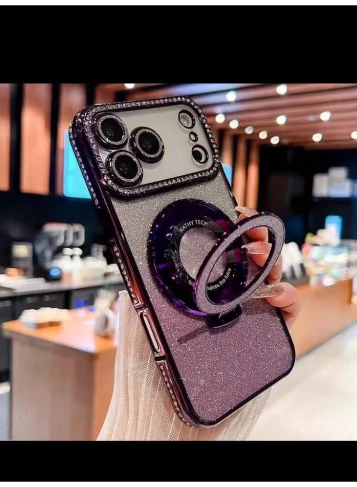 Crystal Rhinestone MagSafe iPhone Case with Glitter, Mirror Ring Stand & Protective Cover - Image 3