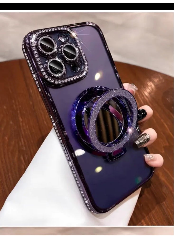 Crystal Rhinestone MagSafe iPhone Case with Glitter, Mirror Ring Stand & Protective Cover - Image 3