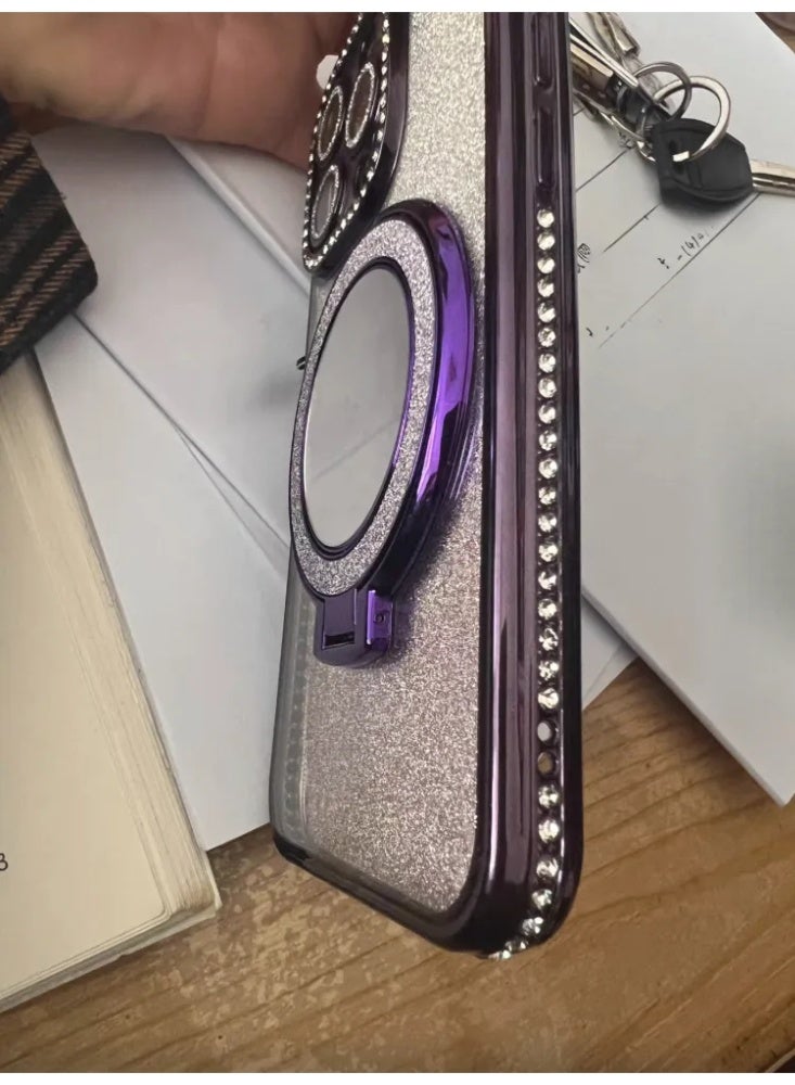 Crystal Rhinestone MagSafe iPhone Case with Glitter, Mirror Ring Stand & Protective Cover - Image 2