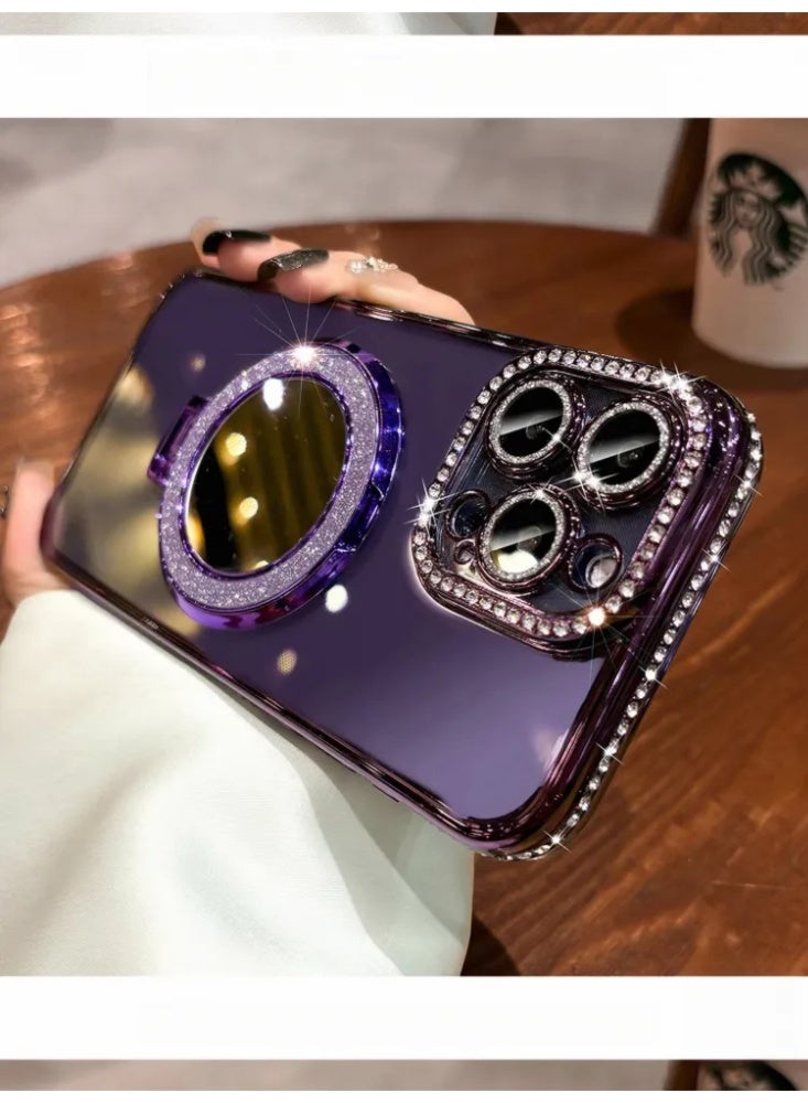 Crystal Rhinestone MagSafe iPhone Case with Glitter, Mirror Ring Stand & Protective Cover - Image 4