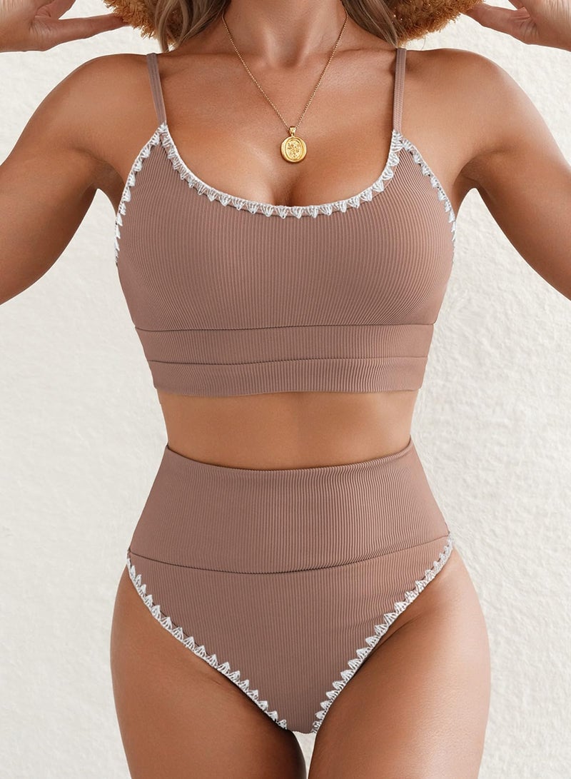 Herseas 2 Piece Bikini Sets Two Piece Cute Longline Popular Swimsuits High Waisted U Neck Best Bathing Suits Adjustable Spaghetti Straps Beach Swimwear Brown Crochet Trim Large - Image 4
