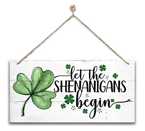 Gkwa Hanging St. Patrick's Day Wooden Decor - 'Let the Shenanigans Begin' Wall Art, Home & Door Sign, Shamrock Theme - Image 1