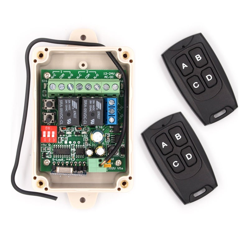 Solidremote 12V - 24V Secure Wireless RF Remote Control Relay Switch Universal 2-Channel Receiver with 2 Transmitters for Garage Door Openers, LED Lights etc (KIT-1) - Image 1