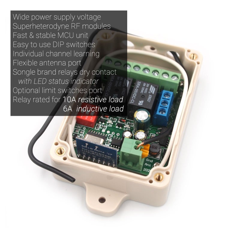Solidremote 12V - 24V Secure Wireless RF Remote Control Relay Switch Universal 2-Channel Receiver with 2 Transmitters for Garage Door Openers, LED Lights etc (KIT-1) - Image 5
