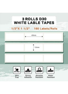 phomemo D30 Adhesive White Label Paper 1/2" X 1 1/2" (12Mm X 40Mm) 160 Labels/Roll, Black On White, 3 Roll, For Home Office School Organization, Gift For Decoration, Compatible With D30 Label Maker  - Image 2