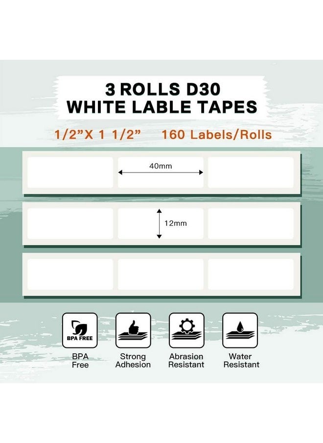 phomemo - D30 Adhesive White Label Paper 1/2" X 1 1/2" (12Mm X 40Mm) 160 Labels/Roll, Black On White, 3 Roll, For Home Office School Organization, Gift For Decoration, Compatible With D30 Label Maker - Image 1