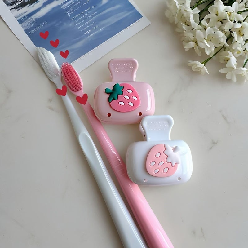 2pcs Cute Strawberry Toothbrush Holder Travel Containers White Pink Design Style Suitable For Home Bathroom Dorm Hotel Studio Convenient To Carry - Image 1