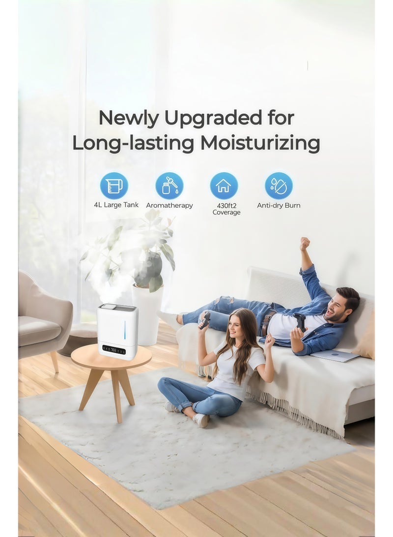 Ultrasonic Air Humidifier, Covers 430 sqft, 360° Mist Circulation，UV Sterilization，Dual-mode (touch/remote) mist control, Auto Humidistat and Intelligent Silence, Water Level Indicator, Aroma Tray for Oils -  White - Image 2