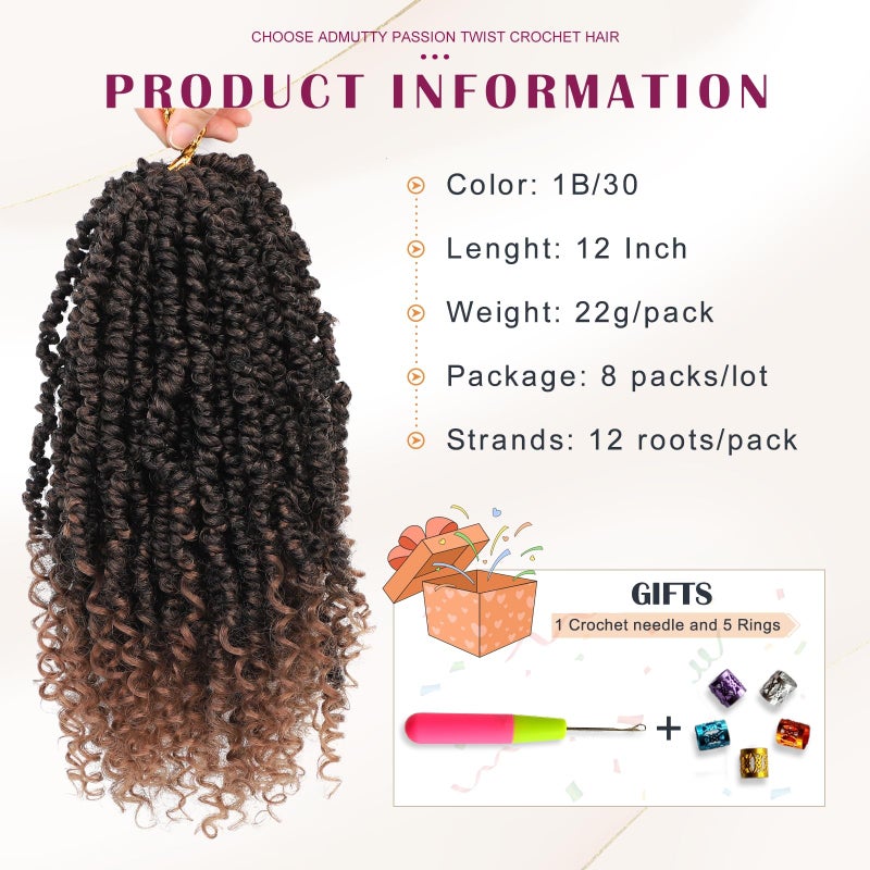 Admutty 12 Inch Pre-Looped Passion Twist Crochet Hair - 8 Packs Pretwisted Bohemian Braiding Hair for Black Women, Soft Tangle-Free Synthetic Hair for Protective Styles, Easy Install Crochet Braids (1B/30) - Image 2