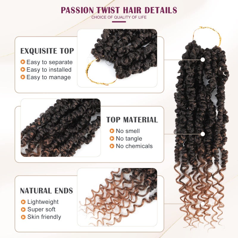 Admutty 12 Inch Pre-Looped Passion Twist Crochet Hair - 8 Packs Pretwisted Bohemian Braiding Hair for Black Women, Soft Tangle-Free Synthetic Hair for Protective Styles, Easy Install Crochet Braids (1B/30) - Image 3