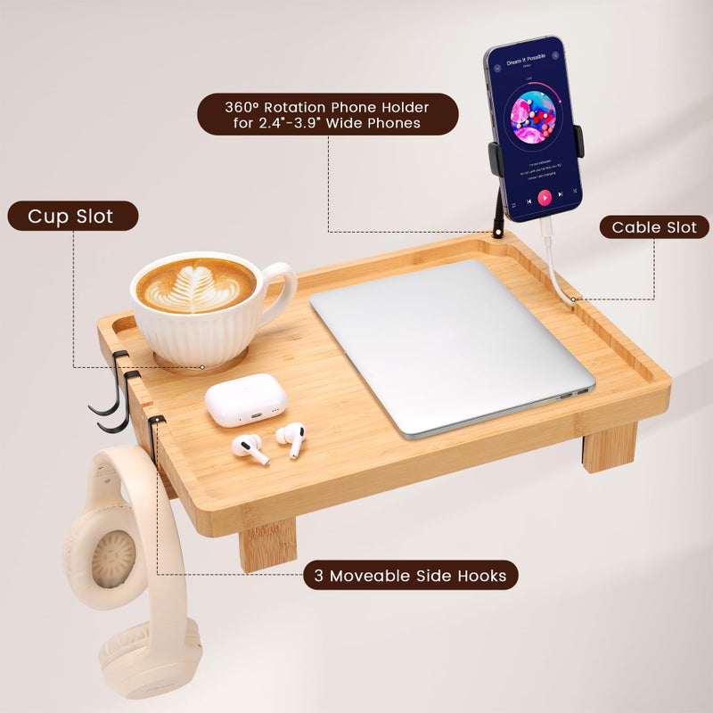 Fivebop Bedside Shelf for Dorm Bed & Top Bunk, Bamboo Bed Side Table Tray with Cup Phone Holder & Hooks, Bedside Caddy, Clip on Nightstand Bedside Storage College Dorm Room Essentials (Bamboo) - Image 3