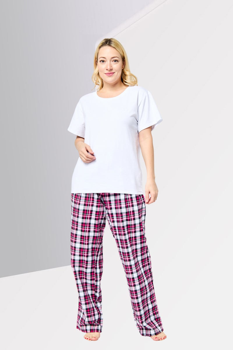 MOSCHINO Women 2 Pcs Embroidered Logo Short Sleeves Top And Plaid Pajama Set, Multicolor - Image 1