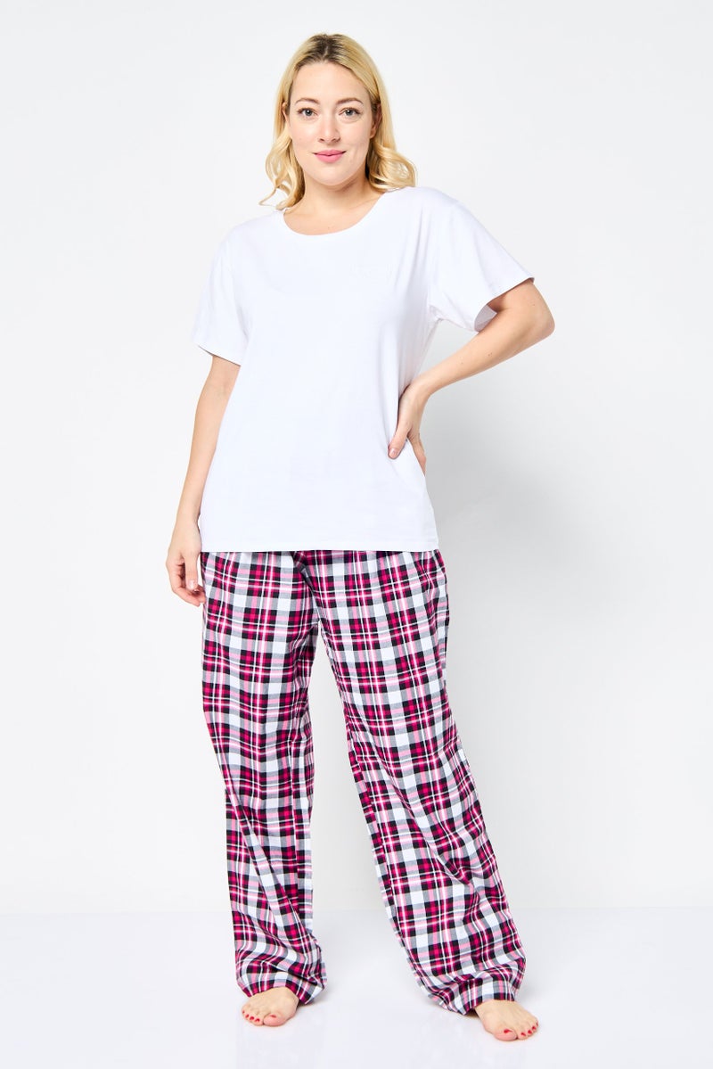 MOSCHINO Women 2 Pcs Embroidered Logo Short Sleeves Top And Plaid Pajama Set, Multicolor - Image 3