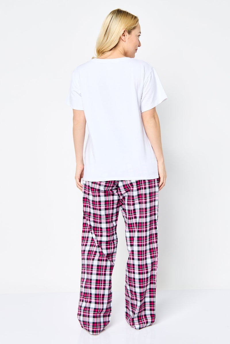 MOSCHINO Women 2 Pcs Embroidered Logo Short Sleeves Top And Plaid Pajama Set, Multicolor - Image 2