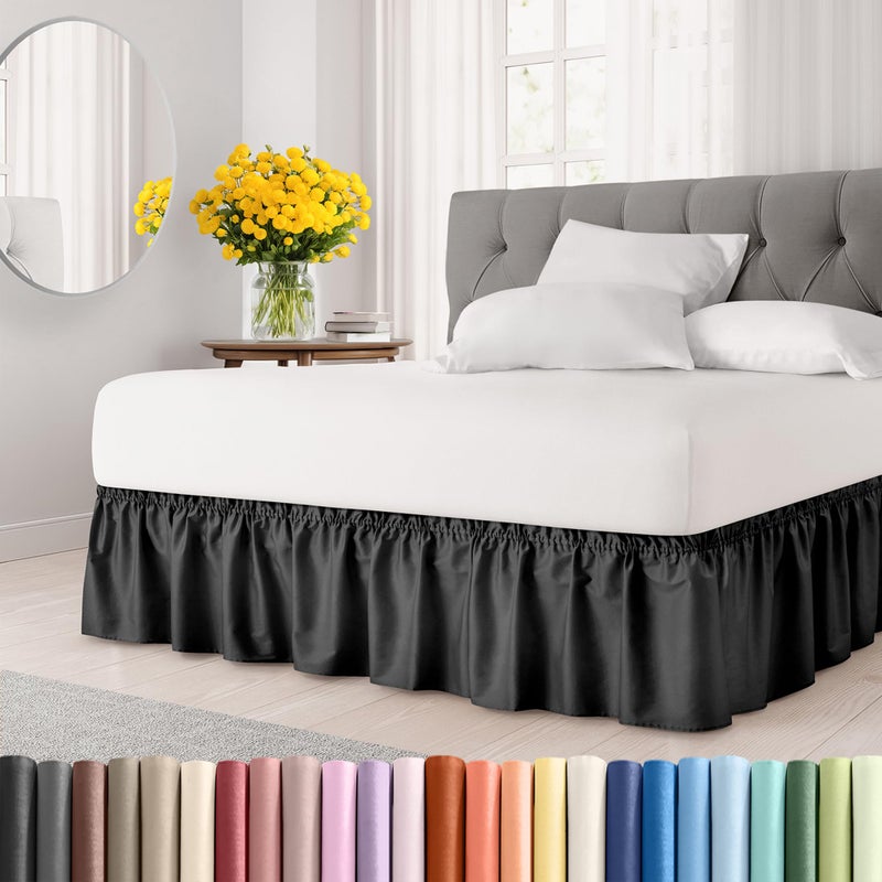 CGK Unlimited Wrap Around Dust Ruffle Bed Skirt  Black  for Full Size Beds with 12 Inch Drop  Easy Fit Elastic Strap  Adjustable Pleated Bedskirt wBrushed Fabric  Wrinkle Free  for Women Men Kids  Teens