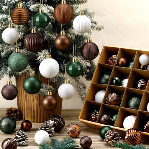 Lunmon 64 Pcs Neutral Christmas Ball Ornaments Brown Green White Xmas Bulbs Ornament 1619724 Inch Vintage Xmas Baubles Assorted Size Modern Christmas Decoration for Tree Holiday Indoor Home Decor - Image 1