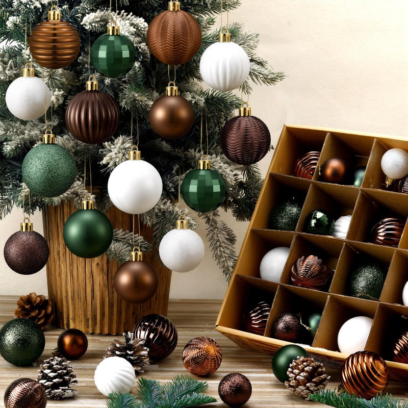 Lunmon 64 Pcs Neutral Christmas Ball Ornaments Brown Green White Xmas Bulbs Ornament 1619724 Inch Vintage Xmas Baubles Assorted Size Modern Christmas Decoration for Tree Holiday Indoor Home Decor - Image 2