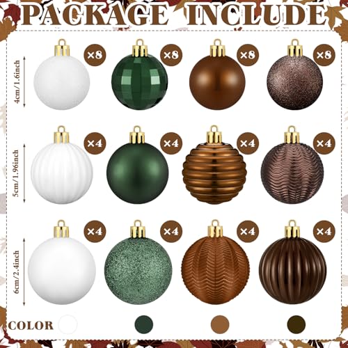 Lunmon 64 Pcs Neutral Christmas Ball Ornaments Brown Green White Xmas Bulbs Ornament 1619724 Inch Vintage Xmas Baubles Assorted Size Modern Christmas Decoration for Tree Holiday Indoor Home Decor - Image 3