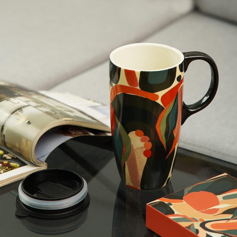TZSSP Coffee Ceramic Mug Porcelain Latte Tea Cup With Lid 17oz Orange - Image 2