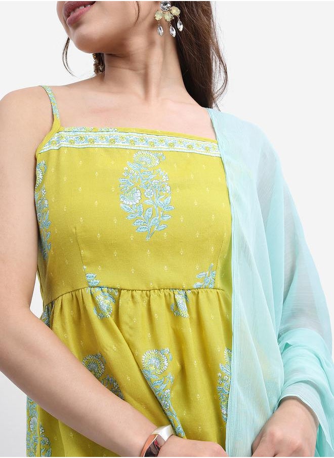 Vishudh Green Floral Printed A-line Kurta with Dhoti Pants & Dupatta by Styli  - Image 5