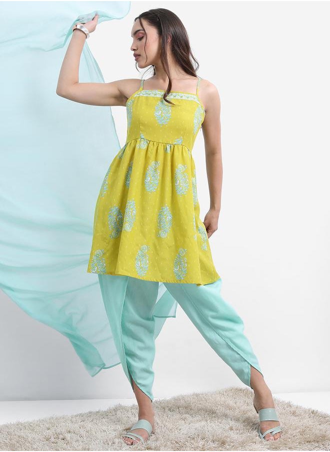 Vishudh Green Floral Printed A-line Kurta with Dhoti Pants & Dupatta by Styli  - Image 1