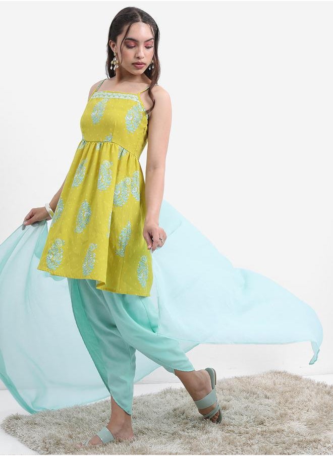Vishudh Green Floral Printed A-line Kurta with Dhoti Pants & Dupatta by Styli  - Image 2