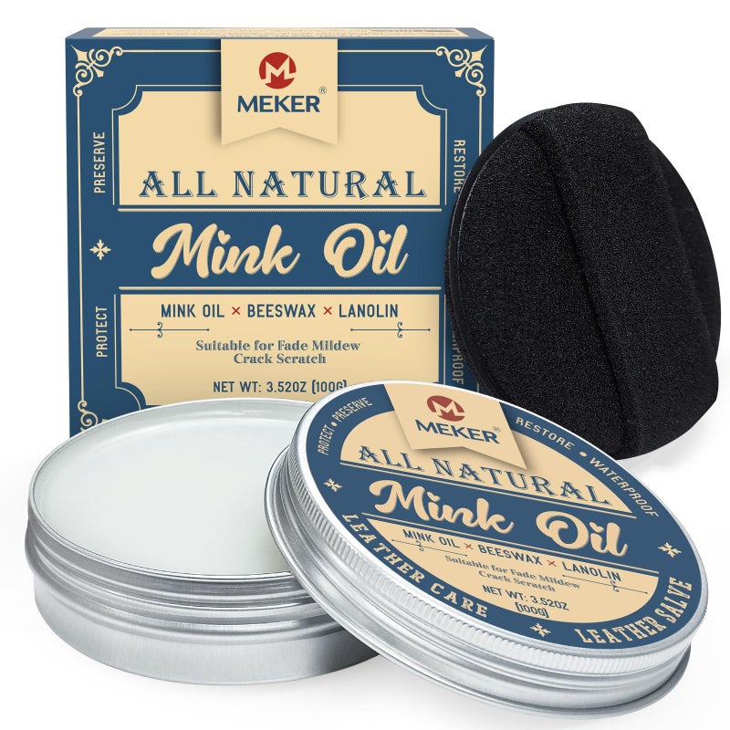 MEKER Mink Oil, Mink Oil for Leather Boots, All-Natural Leather Conditioner with Sponge, Restore Shoes, Jackets, Hats, Baseball Gloves, Saddles and Harnesses, 3.52oz - Image 1