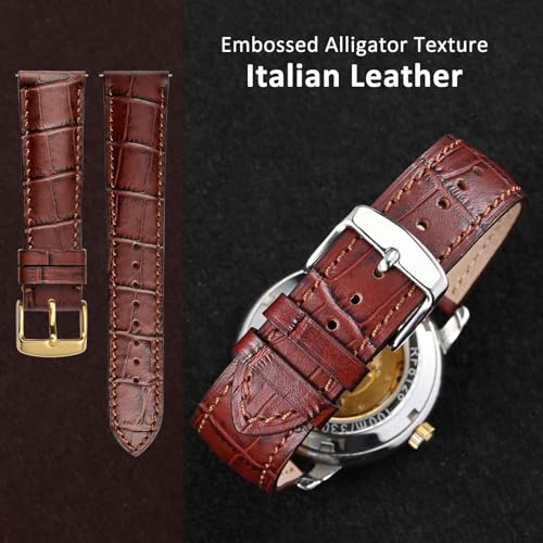 WOCCI 18mm Watch Band, Italian Leather, Embossed Alligator Grain, Gold Buckle (Brown) - Image 2