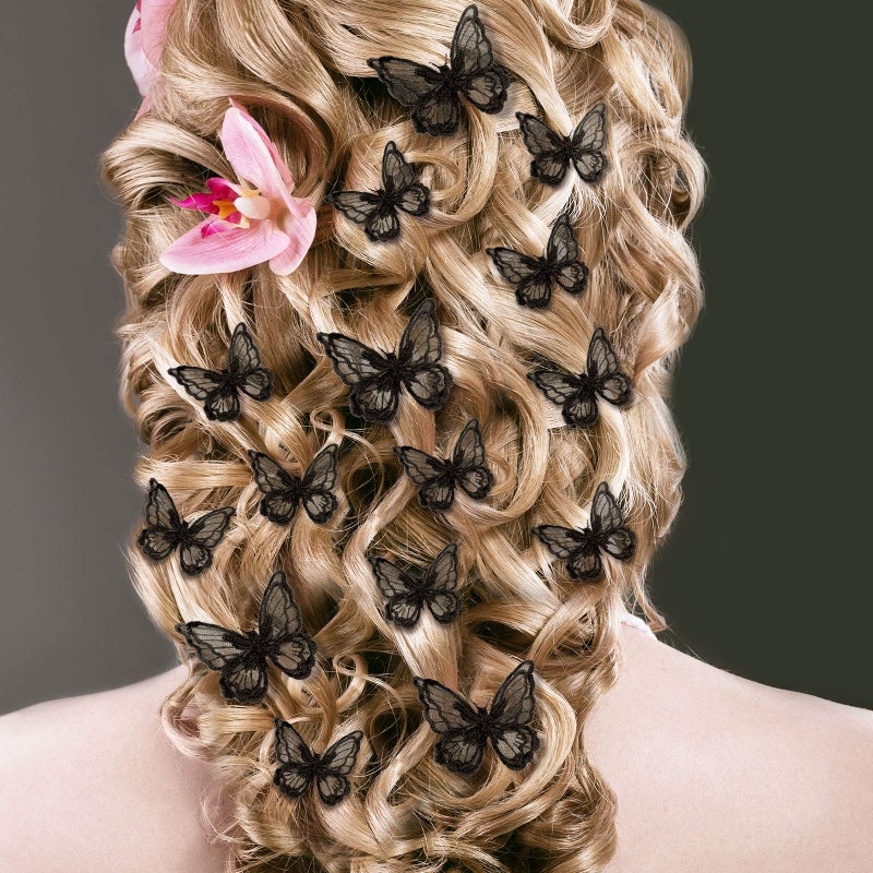 WILLBOND 18 Pcs Butterfly Hair Clip Lace Bows Double-sided Embroidery Butterfly Hair Barrettes Accessories for Women Wedding Birthday Party Favors Decorations, 2 Sizes(Black) - Image 4