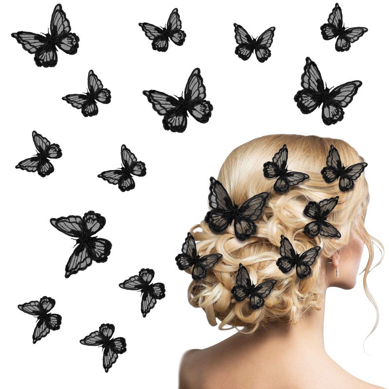 WILLBOND 18 Pcs Butterfly Hair Clip Lace Bows Double-sided Embroidery Butterfly Hair Barrettes Accessories for Women Wedding Birthday Party Favors Decorations, 2 Sizes(Black) - Image 1
