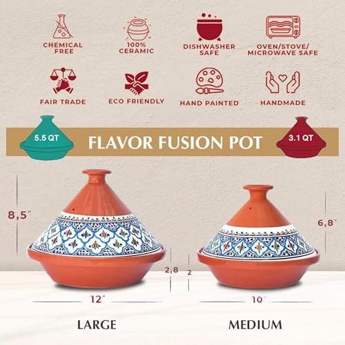 Kamsah Tagine Pot for Cooking and Flavor Enrichment - Medium Clay Pot 10”, 3.1 QT - Non-Stick Handmade Cookware - Moroccan Ceramic Pots for Cooking with Lid & Serving Bowl - Bohemian Classic Turquoise - Image 3
