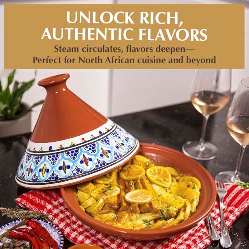 Kamsah Tagine Pot for Cooking and Flavor Enrichment - Medium Clay Pot 10”, 3.1 QT - Non-Stick Handmade Cookware - Moroccan Ceramic Pots for Cooking with Lid & Serving Bowl - Bohemian Classic Turquoise - Image 4
