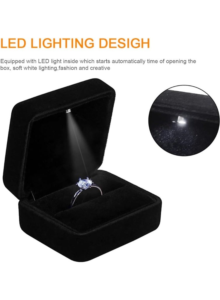 Soofam Velvet Ring Box with LED Light, Jewelry Gift Box for Promise Engagement Wedding black. - Image 2