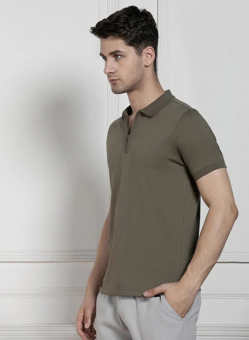 دينيس لينغو Olive Regular Fit Solid Polo Collar T-shirt for Men - 100% Cotton, Half Sleeve, Casual