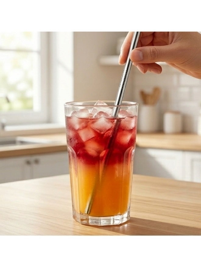 Reusable long stainless steel metal straw set with cleaning brush, 5 pieces, 25cm size (2 curved straws, 2 long straws, 1 cleaning brush), suitable for all cup sizes - Image 4