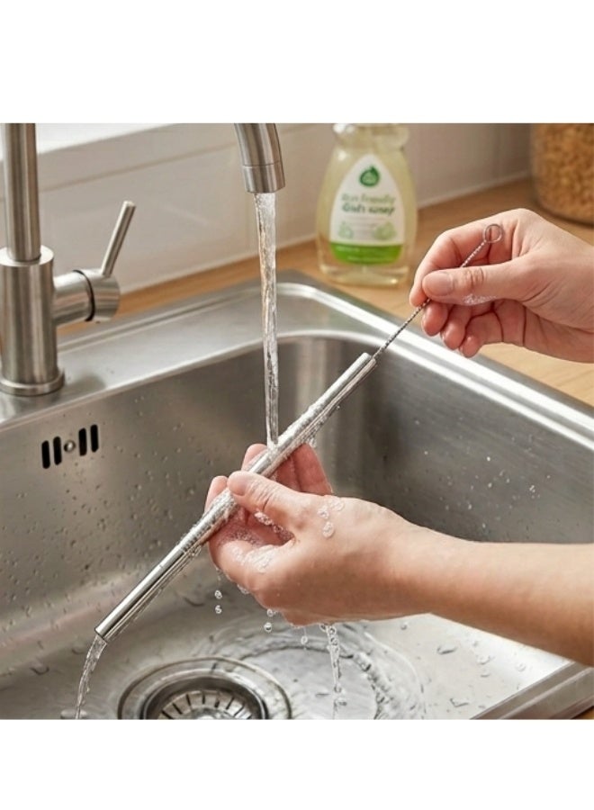 Reusable long stainless steel metal straw set with cleaning brush, 5 pieces, 25cm size (2 curved straws, 2 long straws, 1 cleaning brush), suitable for all cup sizes - Image 5