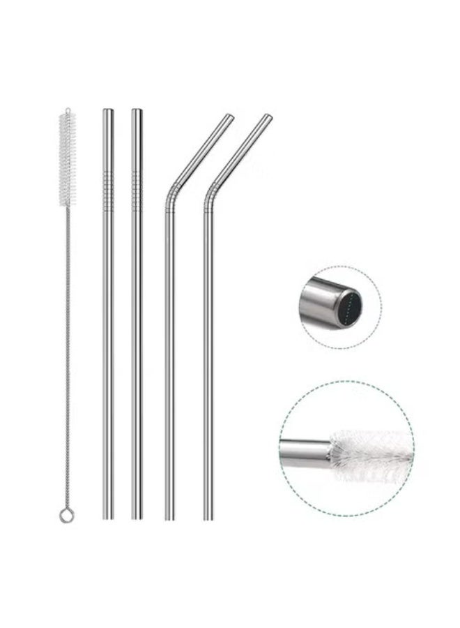 Reusable long stainless steel metal straw set with cleaning brush, 5 pieces, 25cm size (2 curved straws, 2 long straws, 1 cleaning brush), suitable for all cup sizes - Image 1
