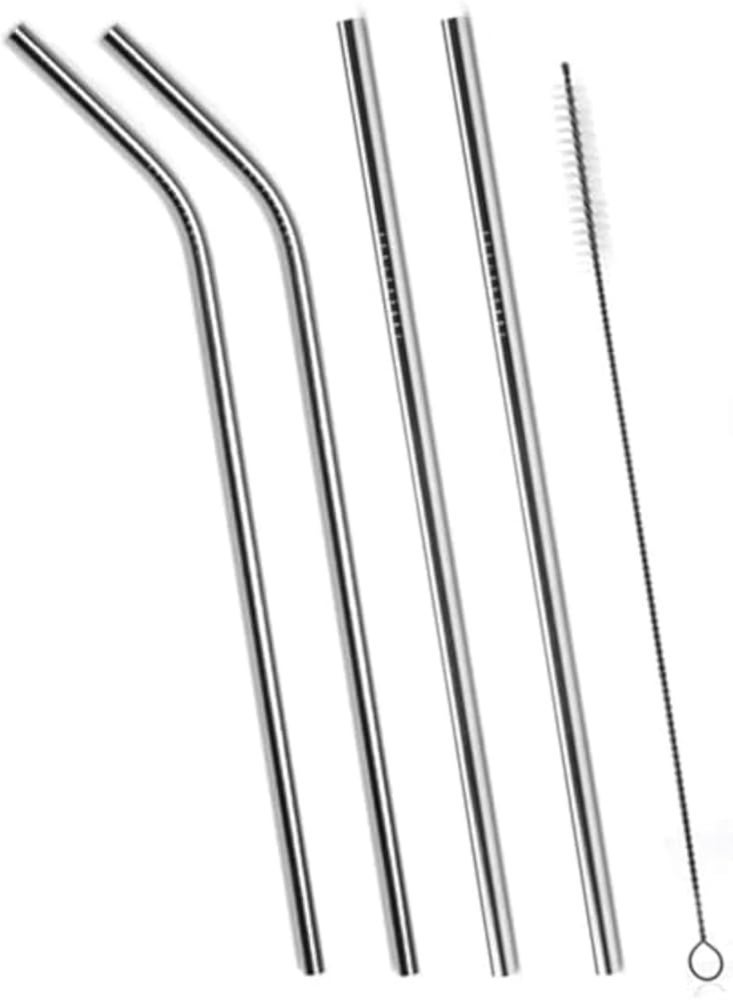 Reusable long stainless steel metal straw set with cleaning brush, 5 pieces, 25cm size (2 curved straws, 2 long straws, 1 cleaning brush), suitable for all cup sizes - Image 3