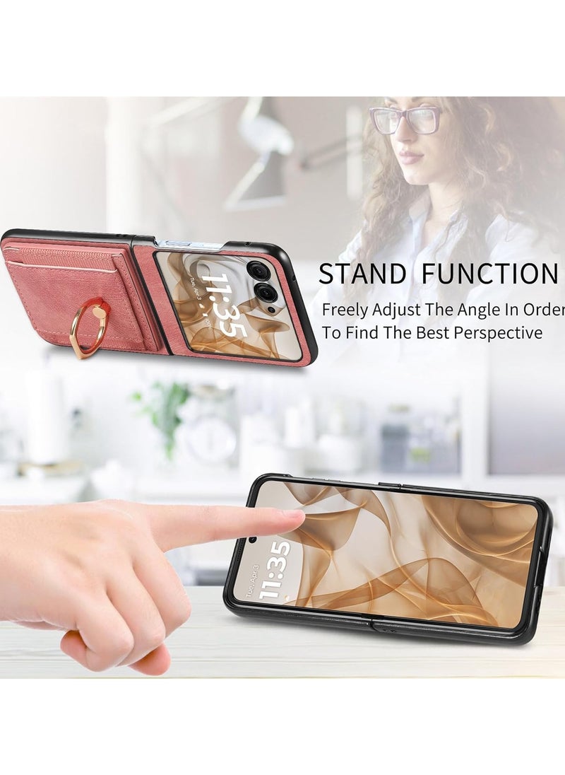 Compatible with Motorola Moto Razr 50 2024 Wallet Case, Ultra Thin Card Holder Case, Leather + TPU Frame Phone Cover, Multi-Function Case with Support Ring