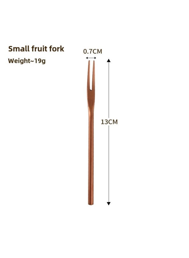 Creative Japanese 304 Stainless Steel Sanding Solid Fruit Fork Long Handle Round Handle Moon Cake Dessert Cake 2 Teeth Fruit Sticks-Colour:Rose Gold Short Handle Fruit Fork 13cm - Image 1