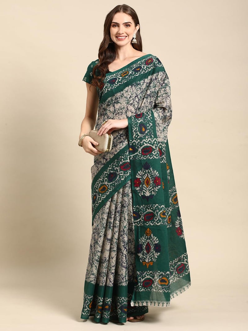 RATAN Pure Cotton Printed Mulmul Saree for Women with Blouse Piece (GDBT-BP-1046-GRN_Green) - Image 4