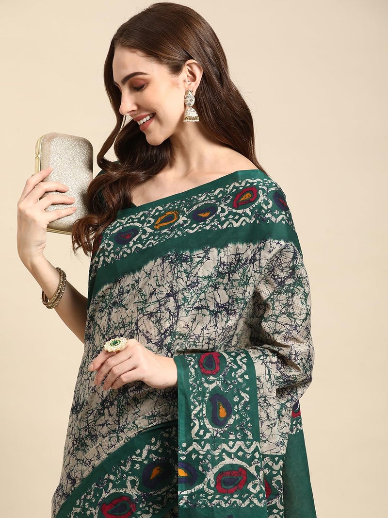 RATAN Pure Cotton Printed Mulmul Saree for Women with Blouse Piece (GDBT-BP-1046-GRN_Green) - Image 3