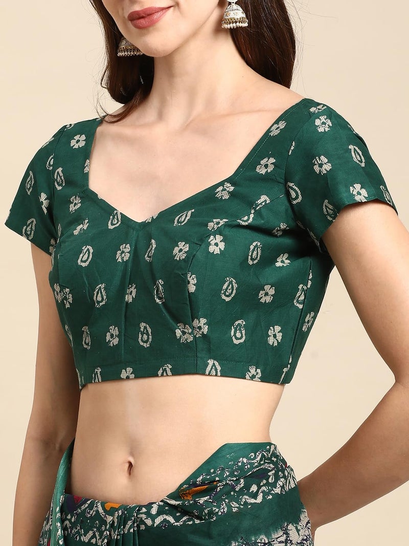 RATAN Pure Cotton Printed Mulmul Saree for Women with Blouse Piece (GDBT-BP-1046-GRN_Green) - Image 5