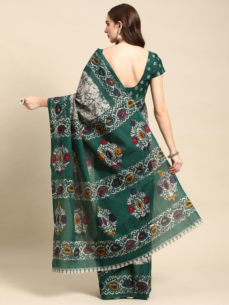 RATAN Pure Cotton Printed Mulmul Saree for Women with Blouse Piece (GDBT-BP-1046-GRN_Green) - Image 2