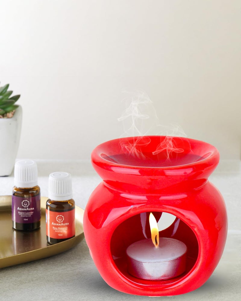 Asian Aura Candle Ceramic Aroma Diffuser for Home Fragrance/Office/Yoga Meditation/Aromatherapy with 1 Tea Light Candle & 2 Fragrance Oils (English Lavender & Rosy Romance Scent) 10Ml Each | Red - Image 5