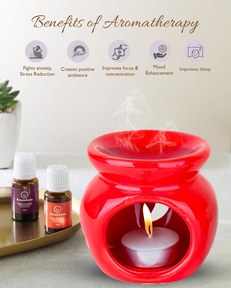 Asian Aura Candle Ceramic Aroma Diffuser for Home Fragrance/Office/Yoga Meditation/Aromatherapy with 1 Tea Light Candle & 2 Fragrance Oils (English Lavender & Rosy Romance Scent) 10Ml Each | Red - Image 3