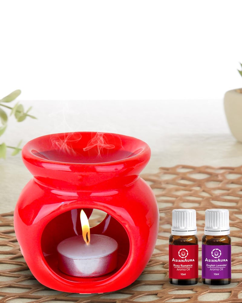 Asian Aura Candle Ceramic Aroma Diffuser for Home Fragrance/Office/Yoga Meditation/Aromatherapy with 1 Tea Light Candle & 2 Fragrance Oils (English Lavender & Rosy Romance Scent) 10Ml Each | Red - Image 1