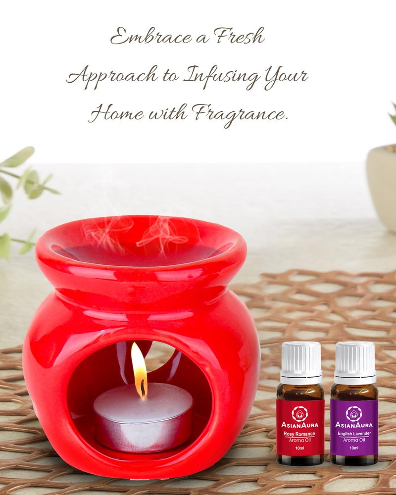 Asian Aura Candle Ceramic Aroma Diffuser for Home Fragrance/Office/Yoga Meditation/Aromatherapy with 1 Tea Light Candle & 2 Fragrance Oils (English Lavender & Rosy Romance Scent) 10Ml Each | Red - Image 2